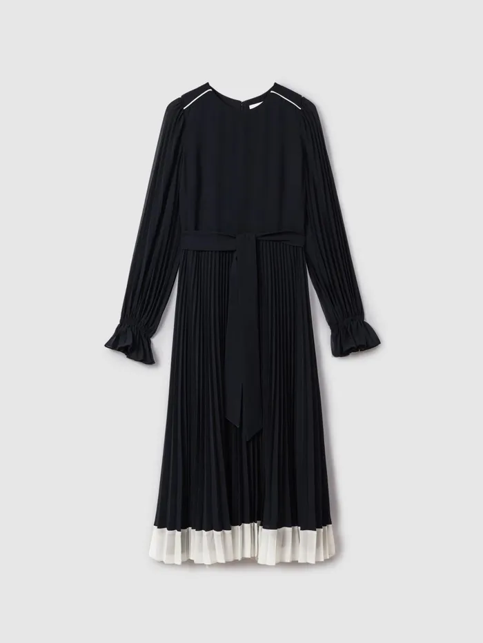 Women Reiss Dresses Priya Pleated Belted Midi Dress Navycream