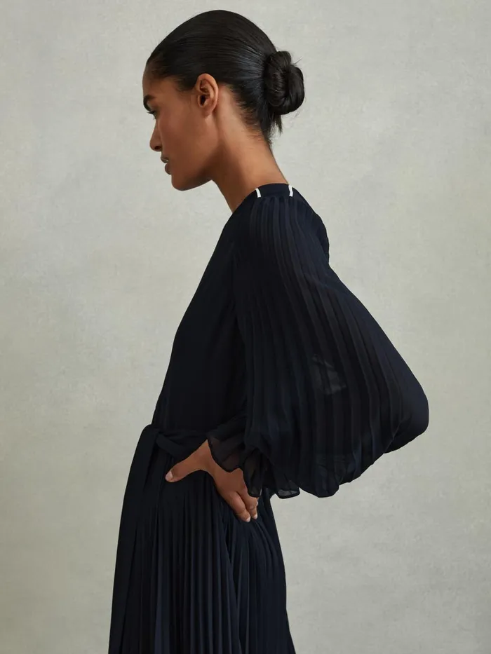 Women Reiss Dresses Priya Pleated Belted Midi Dress Navycream