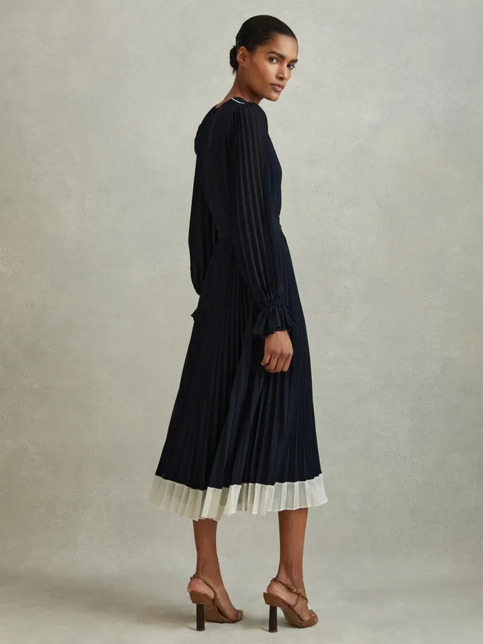 Women Reiss Dresses Priya Pleated Belted Midi Dress Navycream