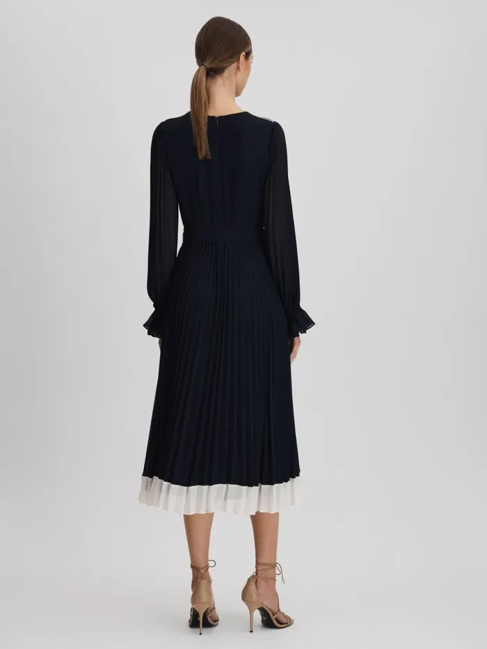 Women Reiss Dresses Priya Pleated Belted Midi Dress Navycream