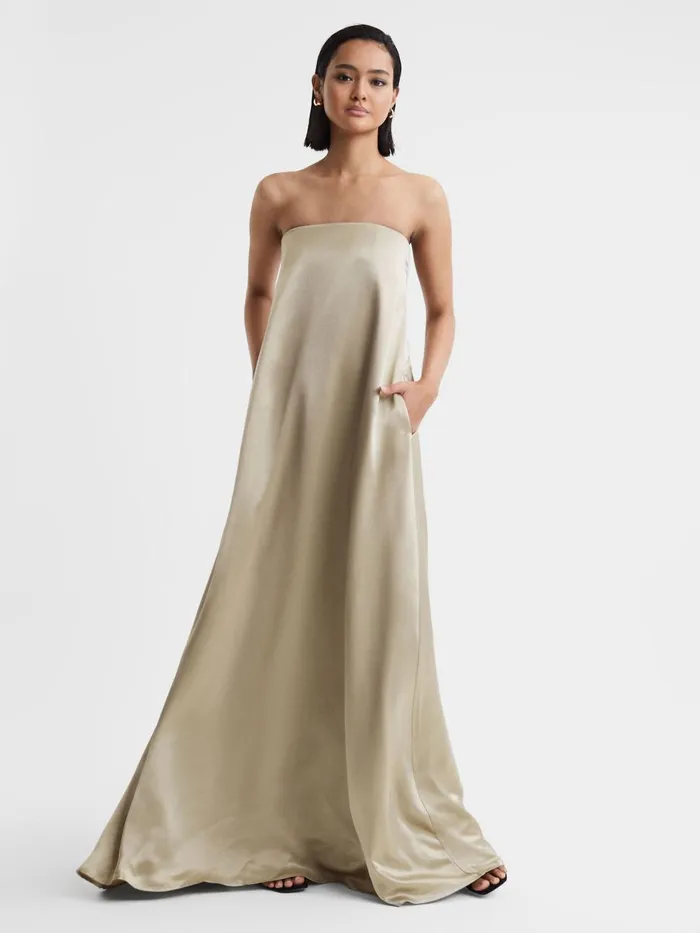 Women Reiss Dresses Quan Japanese Satin Strapless Maxi Dress Taupe