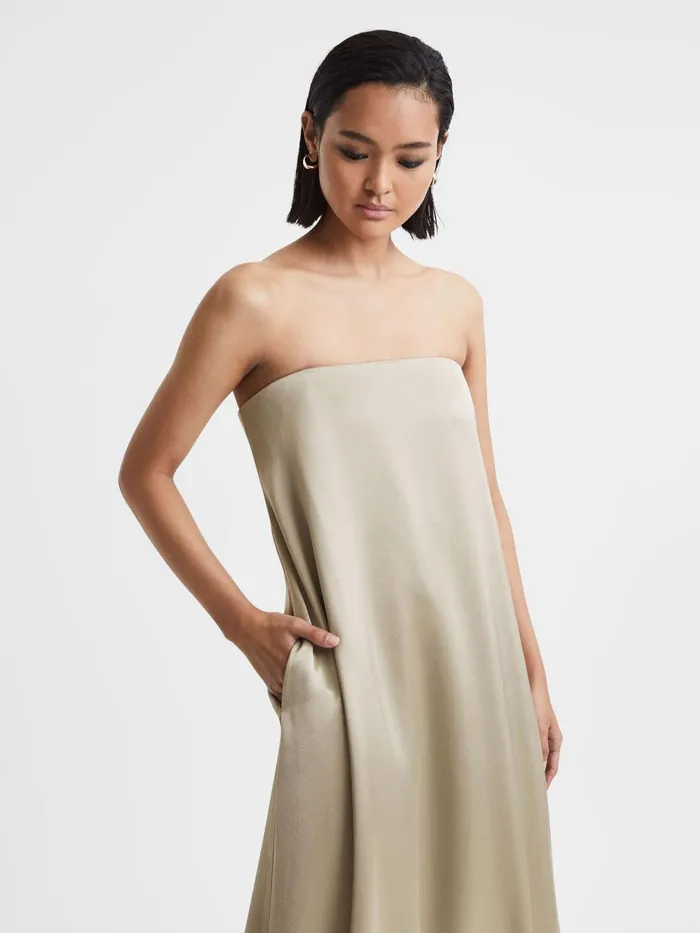 Women Reiss Dresses Quan Japanese Satin Strapless Maxi Dress Taupe