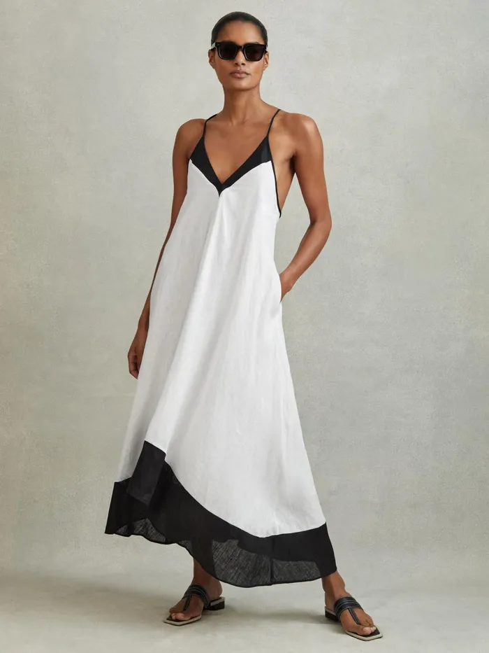 Women Reiss Dresses Stevie Linen Colourblock CrossBack Midi Dress Navywhite