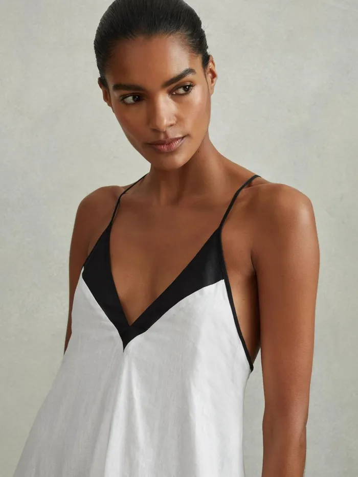 Women Reiss Dresses Stevie Linen Colourblock CrossBack Midi Dress Navywhite