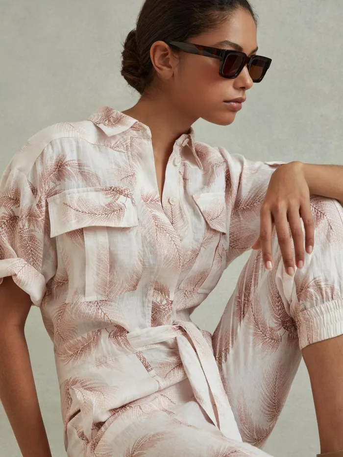 Women Reiss Jumpsuits and Playsuits Kaia Linen Tropical Print Belted Jumpsuit Blush