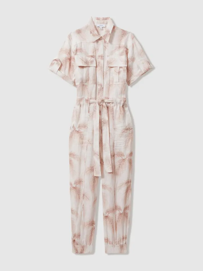 Women Reiss Jumpsuits and Playsuits Kaia Linen Tropical Print Belted Jumpsuit Blush
