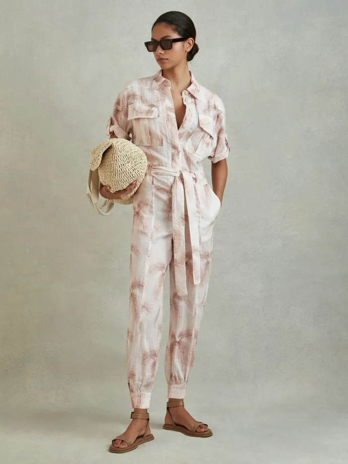 Women Reiss Jumpsuits and Playsuits Kaia Linen Tropical Print Belted Jumpsuit Blush