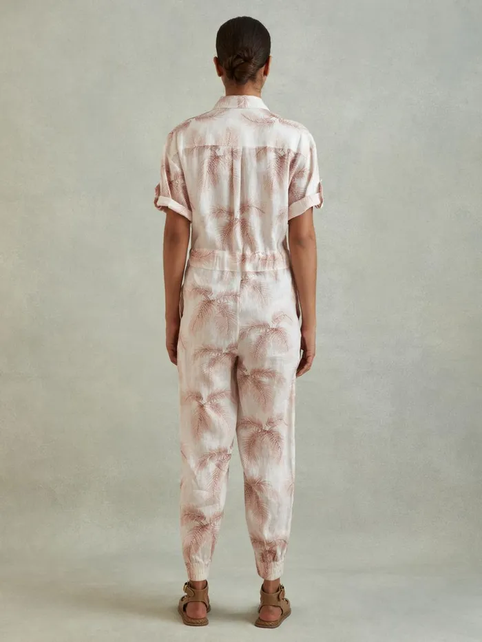 Women Reiss Jumpsuits and Playsuits Kaia Linen Tropical Print Belted Jumpsuit Blush
