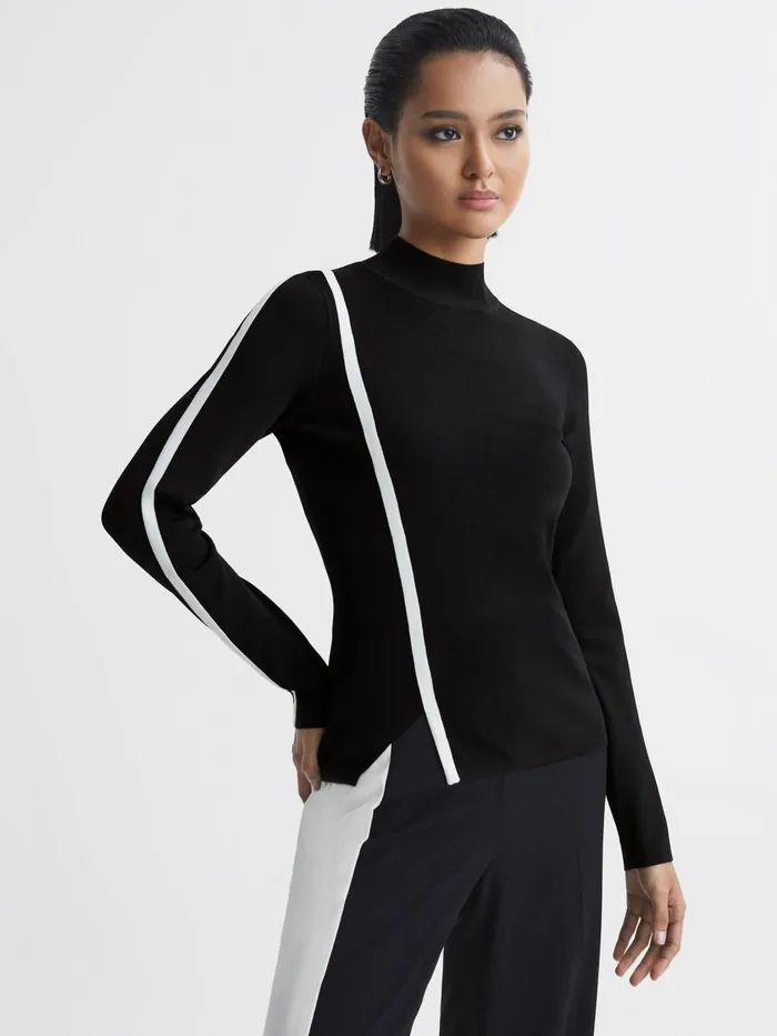 Women Reiss Knitwear Anna Contrast Stripe Long Sleeve Top Blackwhite