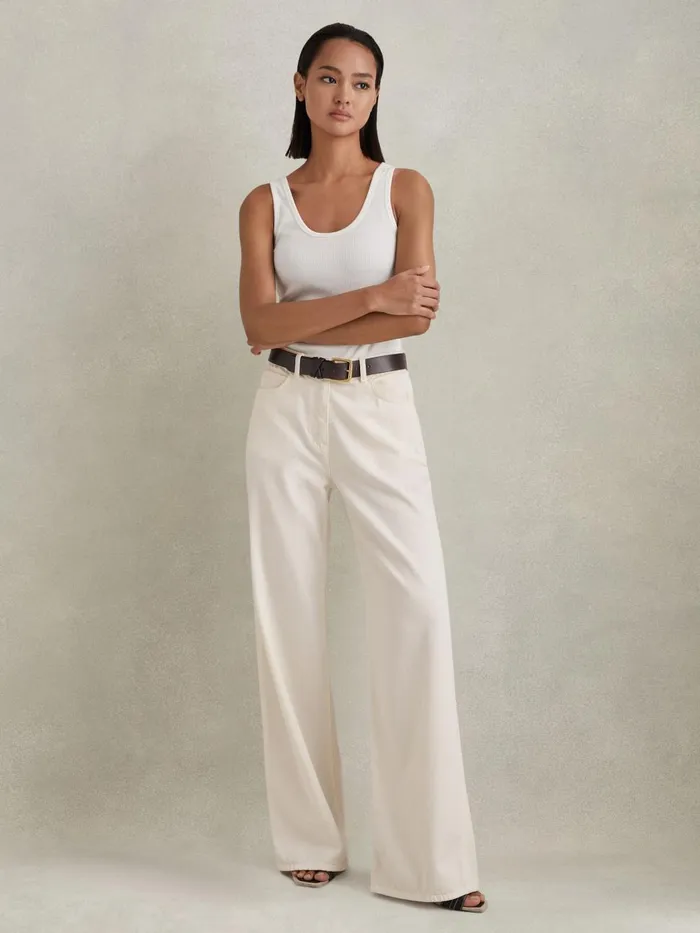 Women Reiss Pants Colorado Garment Dyed Wide Leg Trousers Cream