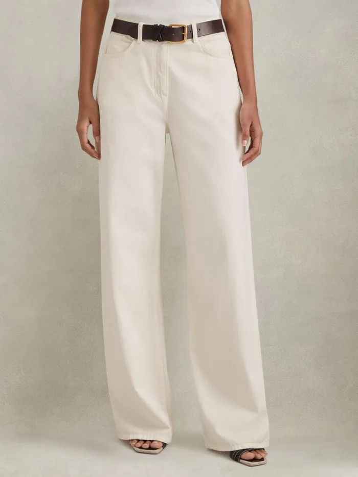 Women Reiss Pants Colorado Garment Dyed Wide Leg Trousers Cream