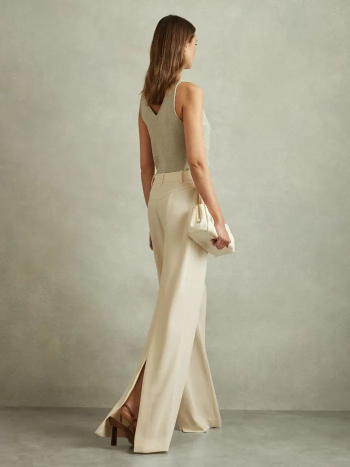 Women Reiss Pants Solene Wide Leg Split Hem Trousers Cream