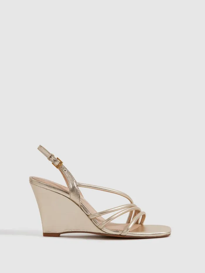 Women Reiss Sandals Anya Leather Strappy Wedge Heels Gold