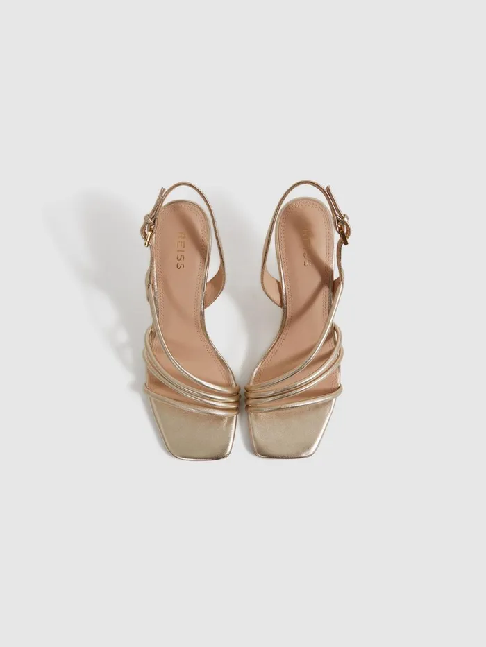 Women Reiss Sandals Anya Leather Strappy Wedge Heels Gold