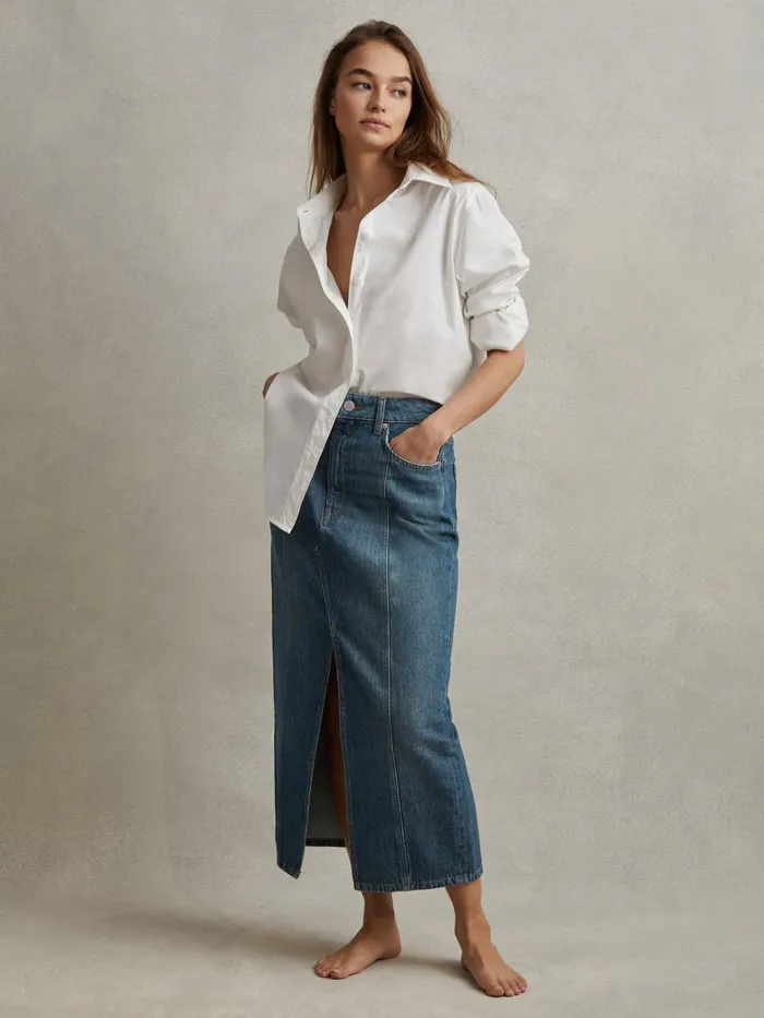Women Reiss Skirts Daila High Rise Denim Midi Skirt Mid Blue