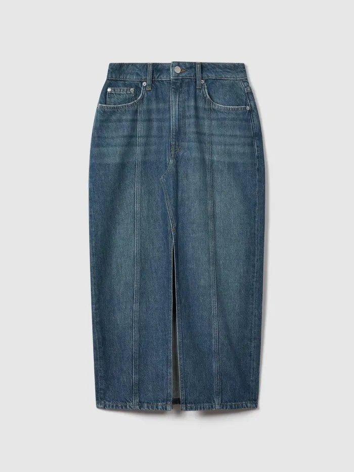 Women Reiss Skirts Daila High Rise Denim Midi Skirt Mid Blue