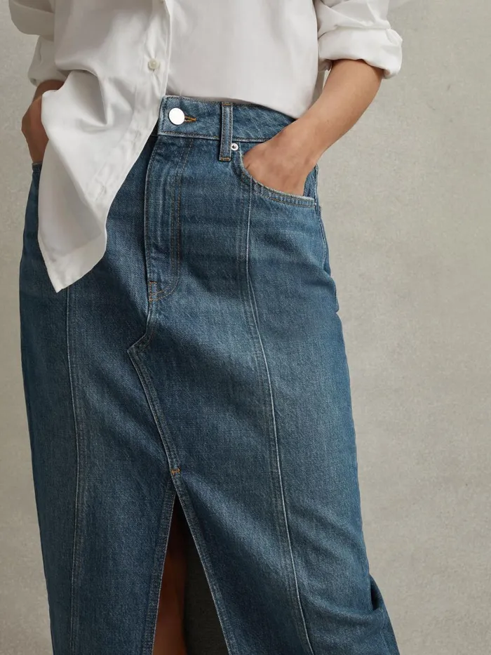 Women Reiss Skirts Daila High Rise Denim Midi Skirt Mid Blue