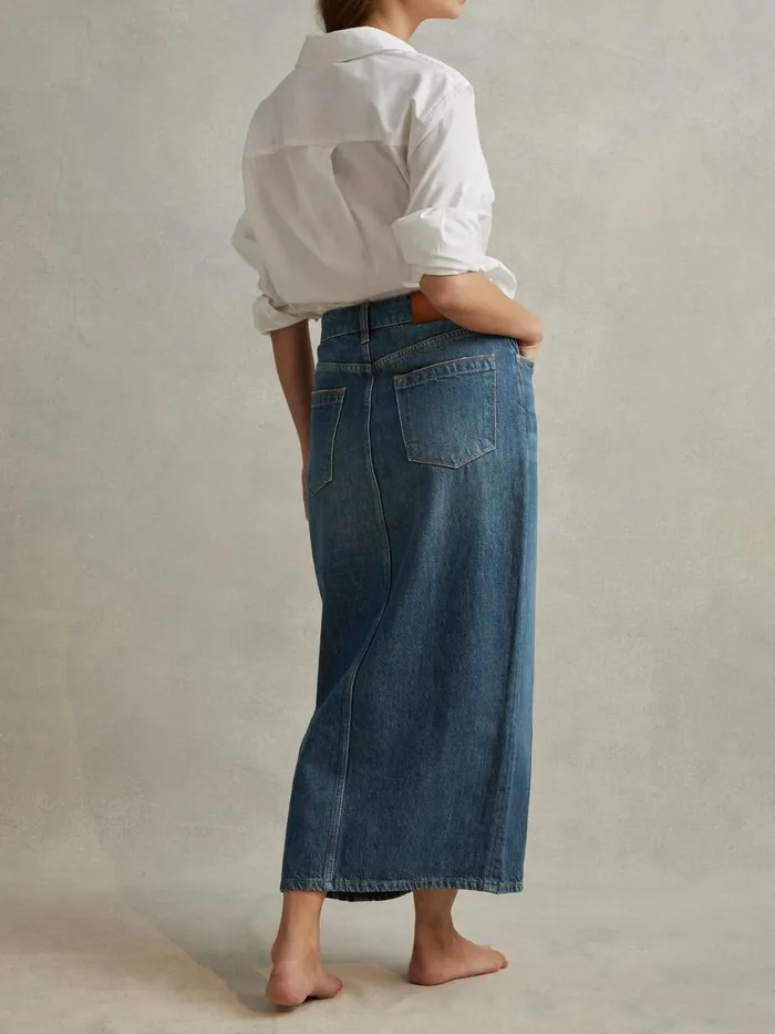 Women Reiss Skirts Daila High Rise Denim Midi Skirt Mid Blue