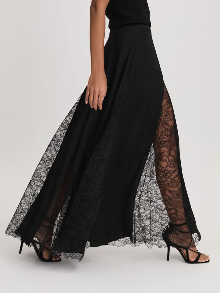 Women Reiss Skirts Quan Satin Lace Maxi Skirt Black