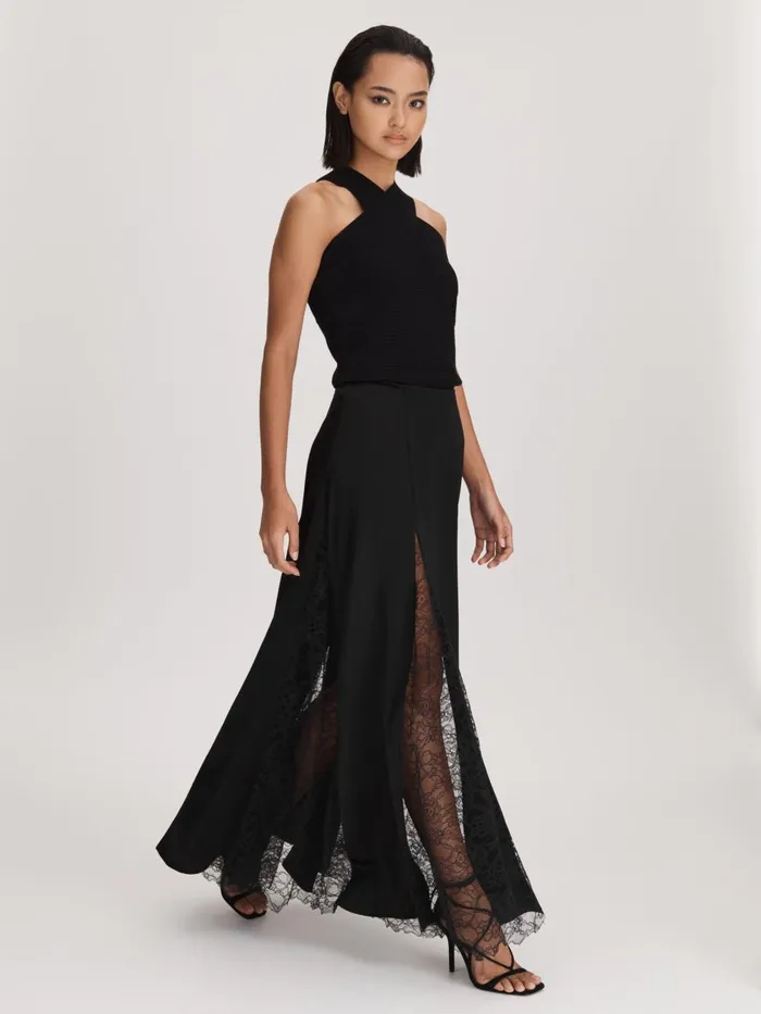 Women Reiss Skirts Quan Satin Lace Maxi Skirt Black