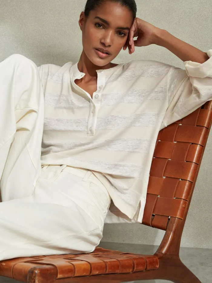 Women Reiss TShirts Olivia LinenCotton Striped Henley Top Neutralivory