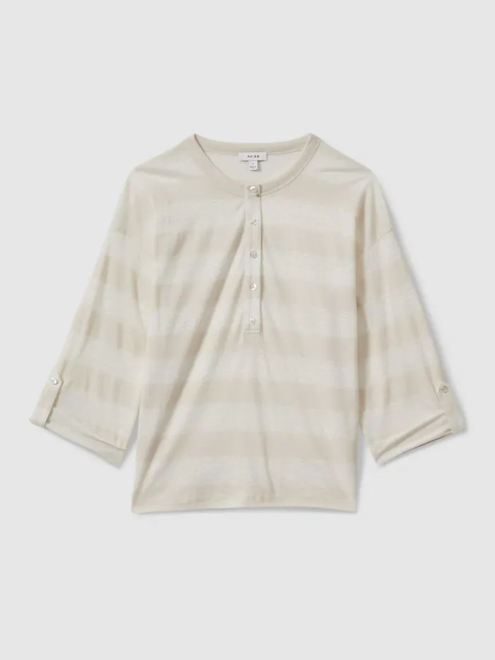 Women Reiss TShirts Olivia LinenCotton Striped Henley Top Neutralivory
