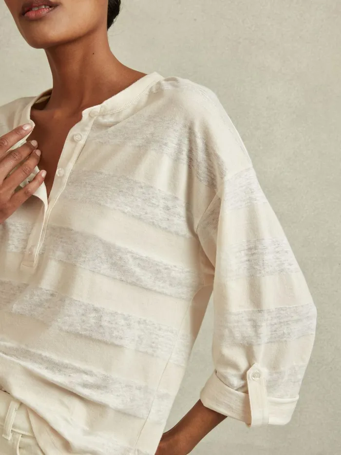 Women Reiss TShirts Olivia LinenCotton Striped Henley Top Neutralivory