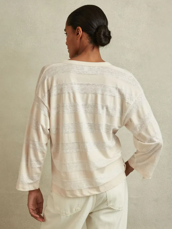 Women Reiss TShirts Olivia LinenCotton Striped Henley Top Neutralivory
