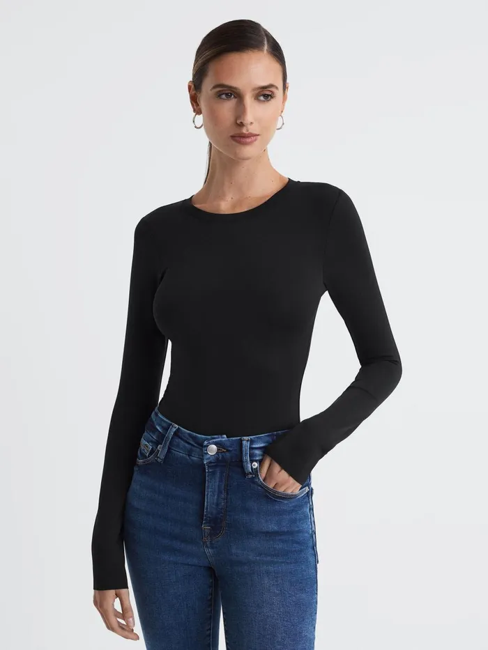 Women Reiss Tops American Crew Neck Thong Bodysuit Black