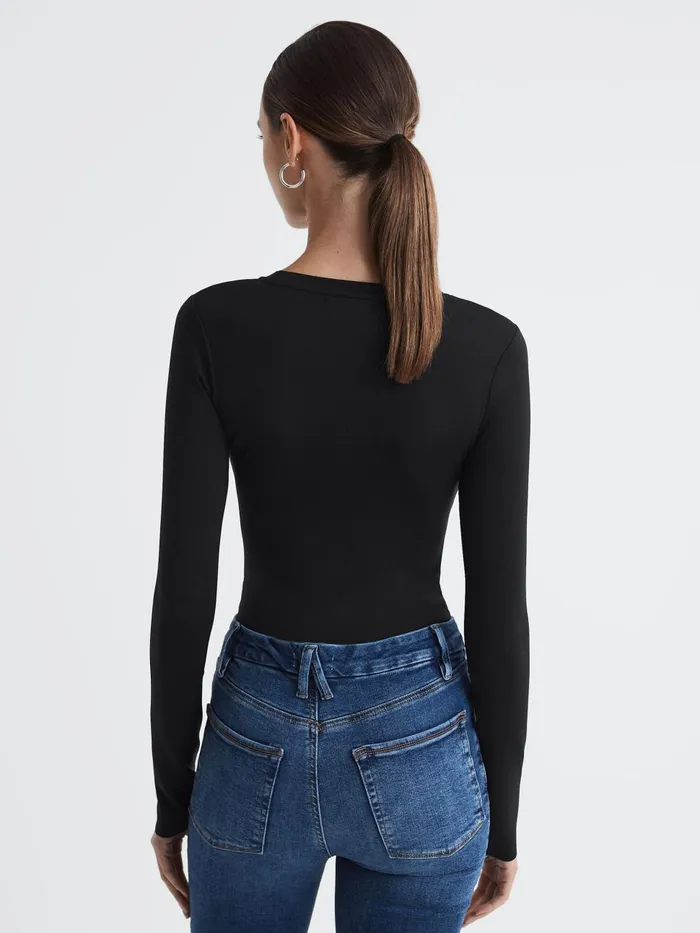 Women Reiss Tops American Crew Neck Thong Bodysuit Black