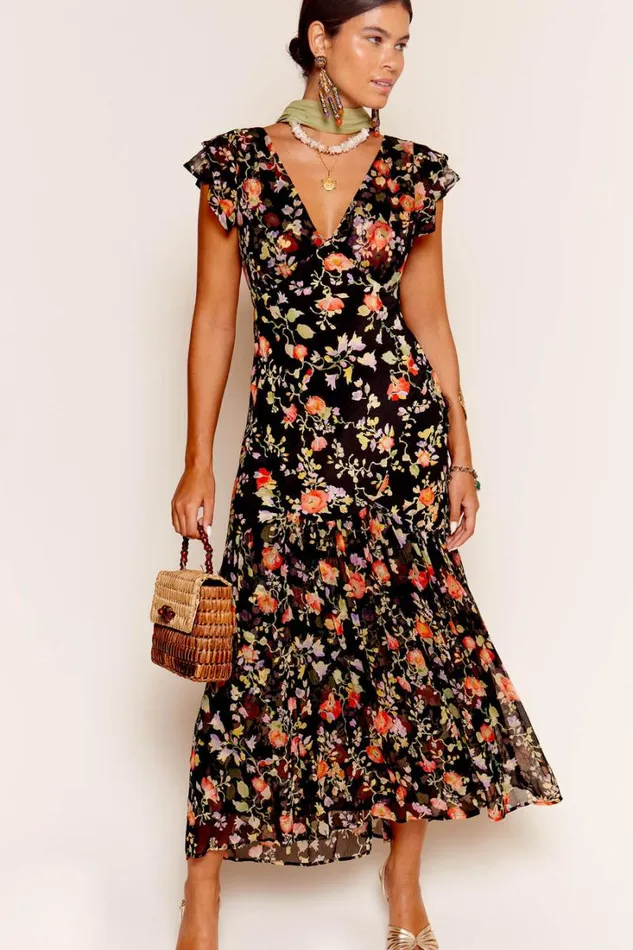 Women RIXO All Clothing Cinzia Silk Maxi Dress Waterblossom Noir