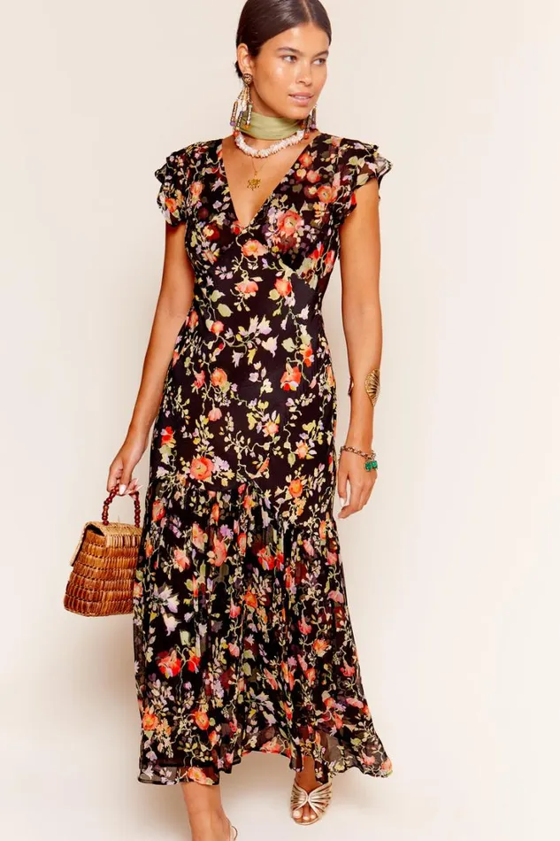 Women RIXO All Clothing Cinzia Silk Maxi Dress Waterblossom Noir