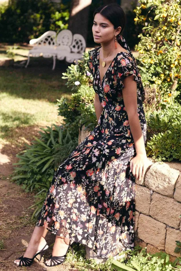 Women RIXO All Clothing Cinzia Silk Maxi Dress Waterblossom Noir