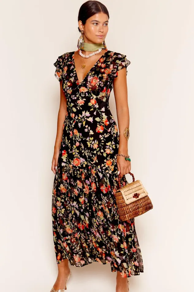 Women RIXO All Clothing Cinzia Silk Maxi Dress Waterblossom Noir