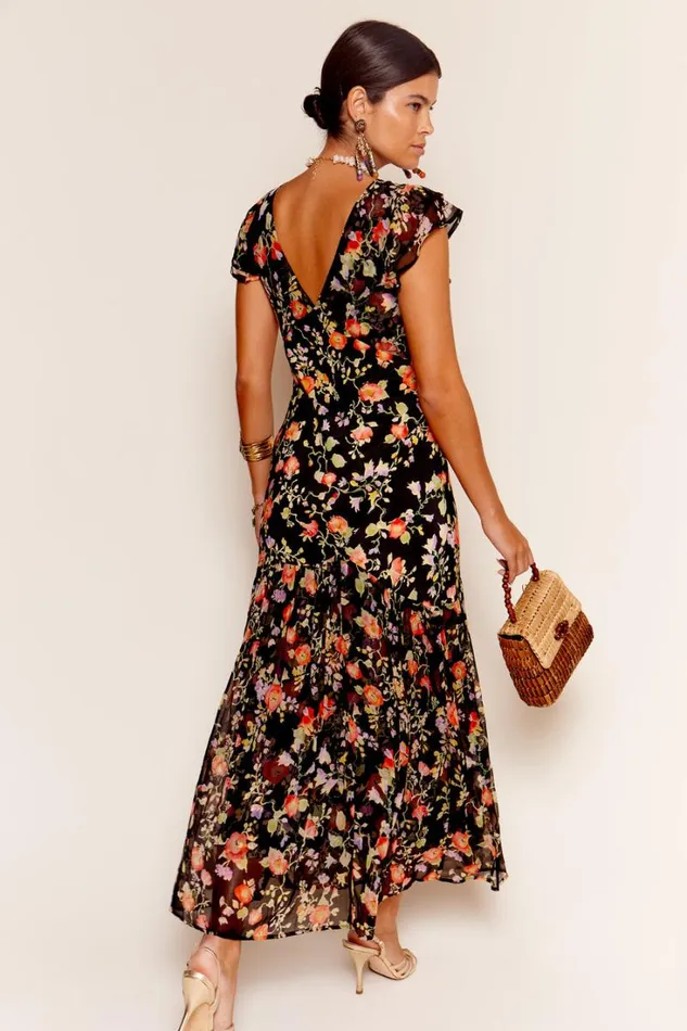 Women RIXO All Clothing Cinzia Silk Maxi Dress Waterblossom Noir