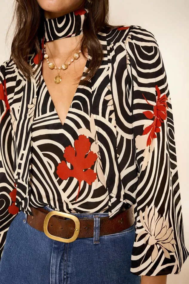 Women RIXO All Clothing Moss Silk Blouse Swirl Daisy Black