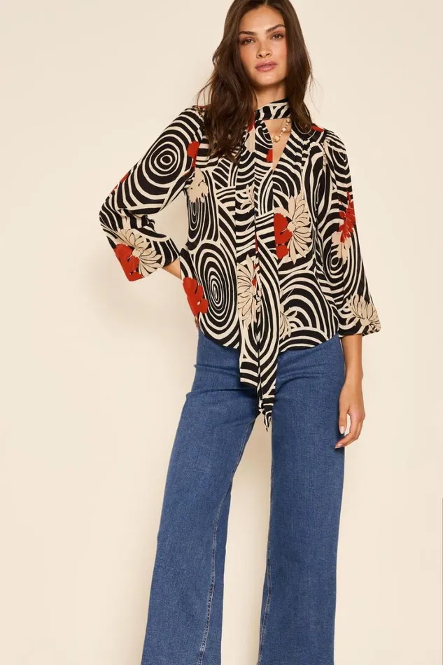 Women RIXO All Clothing Moss Silk Blouse Swirl Daisy Black