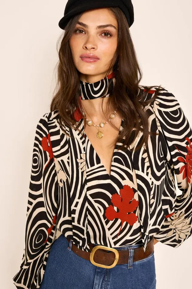 Women RIXO All Clothing Moss Silk Blouse Swirl Daisy Black