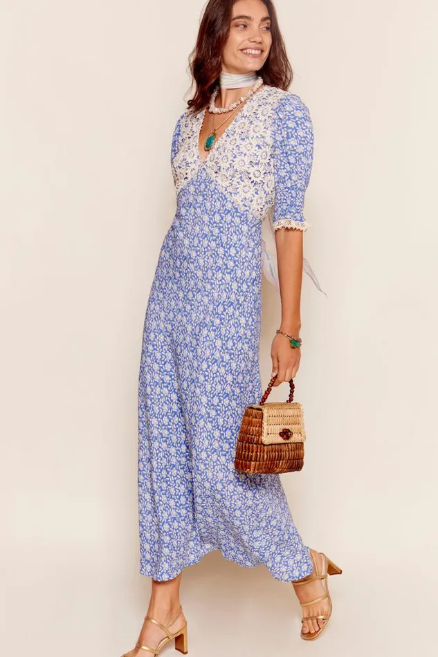 Women RIXO All Clothing Olga LaceTrim Midi Dress Carnation Blue
