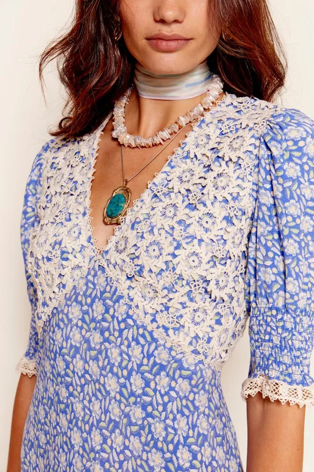 Women RIXO All Clothing Olga LaceTrim Midi Dress Carnation Blue