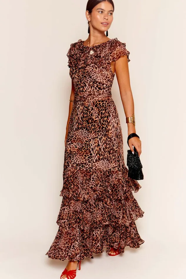 Women RIXO All Clothing Rio Ruffled Silk Gown Leopard Patchwork Brown