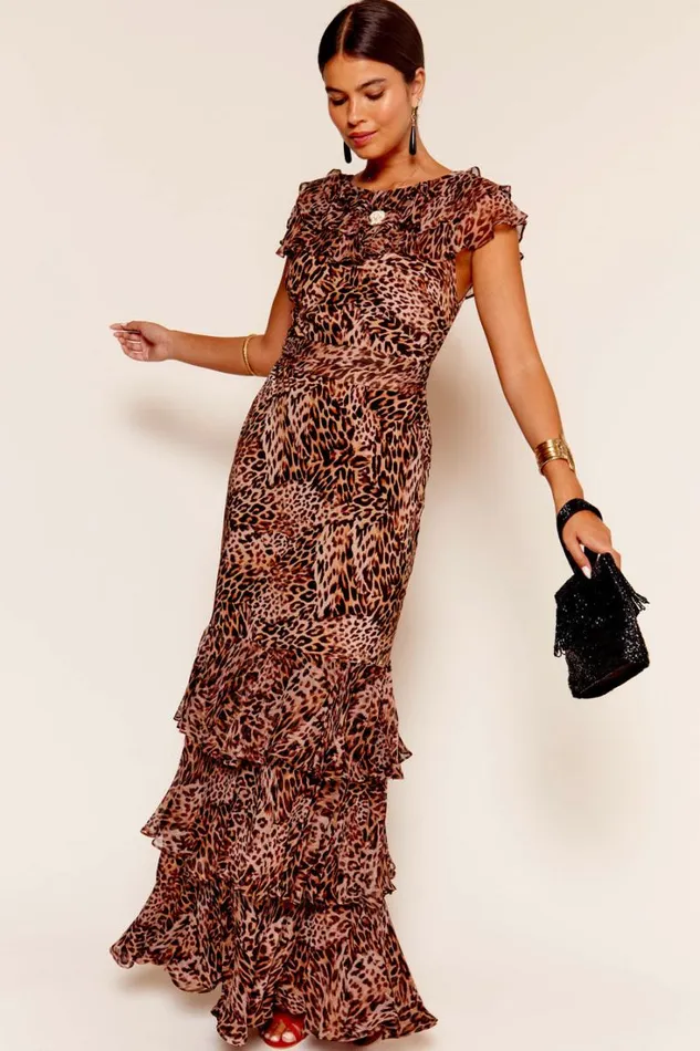 Women RIXO All Clothing Rio Ruffled Silk Gown Leopard Patchwork Brown