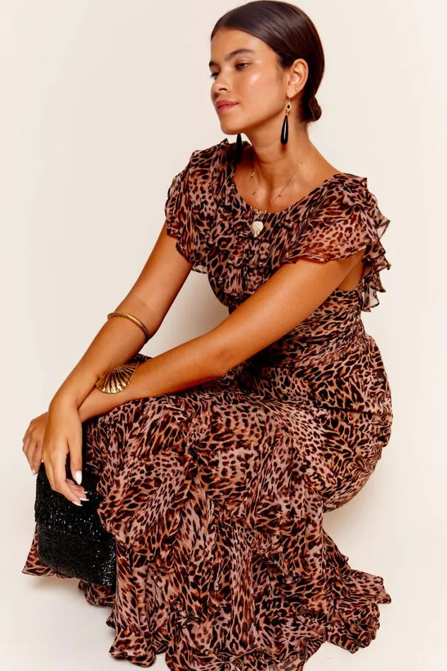 Women RIXO All Clothing Rio Ruffled Silk Gown Leopard Patchwork Brown
