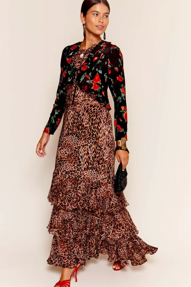 Women RIXO All Clothing Rio Ruffled Silk Gown Leopard Patchwork Brown