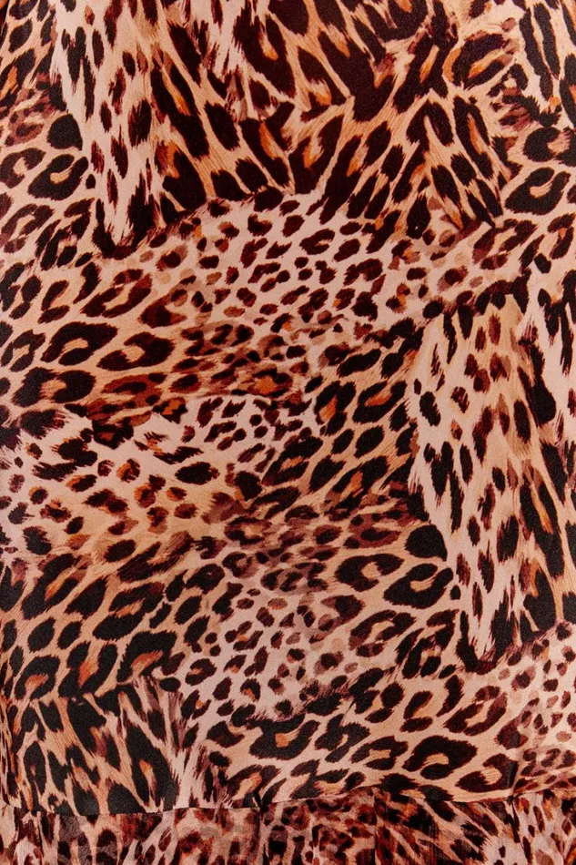 Women RIXO All Clothing Rio Ruffled Silk Gown Leopard Patchwork Brown