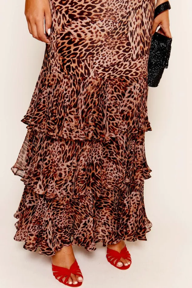 Women RIXO All Clothing Rio Ruffled Silk Gown Leopard Patchwork Brown
