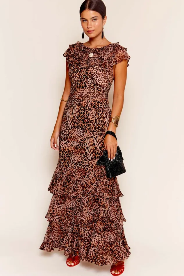 Women RIXO All Clothing Rio Ruffled Silk Gown Leopard Patchwork Brown