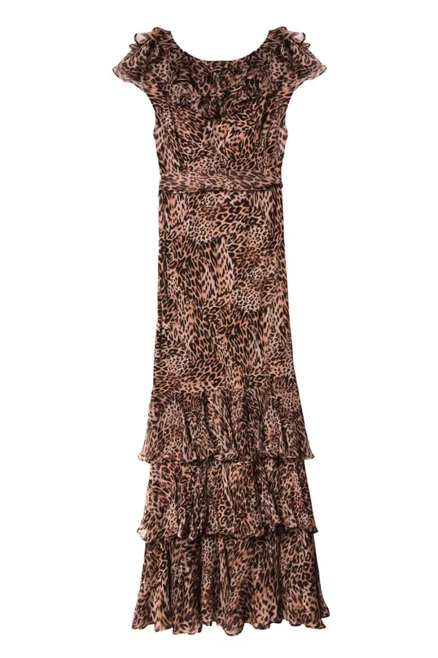 Women RIXO All Clothing Rio Ruffled Silk Gown Leopard Patchwork Brown