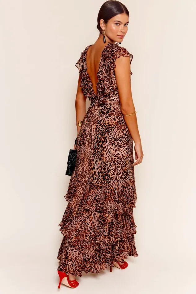 Women RIXO All Clothing Rio Ruffled Silk Gown Leopard Patchwork Brown