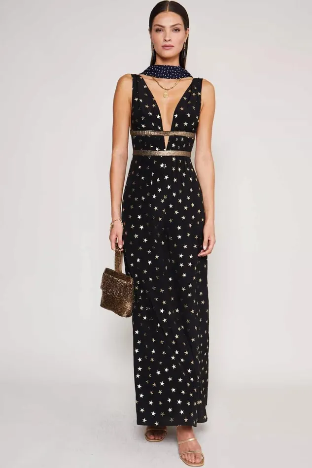 Women RIXO Dresses Hollywood Jumpsuit Mini Star Black Gold